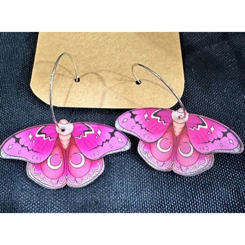 Pink Luna Moth Womens Earrings Fairycore Acrylic Hoop Dangle Mystical Gothic